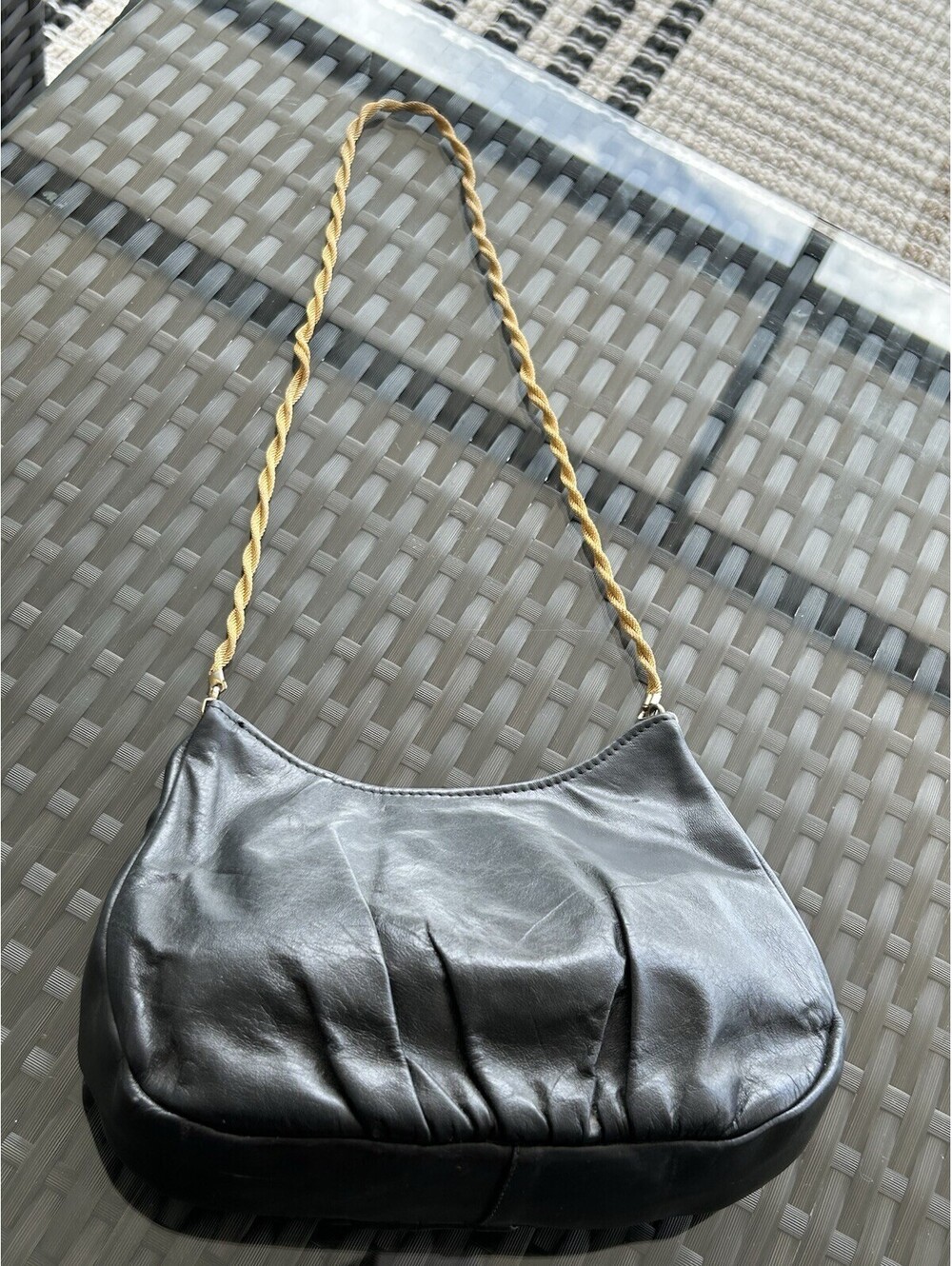 Stunning Vintage Black Ruched Leather Bag  Gold Chain Purse 70s 80s Y2K Boho